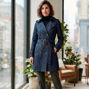 May include: A dark blue denim trench coat featuring a double-breasted front with brown buttons, a notched lapel collar, long sleeves with buttoned cuffs, and a matching fabric belt with a rectangular buckle worn over a dark navy turtleneck sweater.