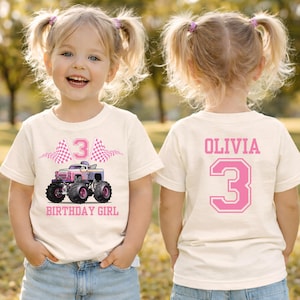 Front and back toddler shirt mockup on a white background with jeans, sneakers, and party decorations. Perfect product image for a Custom Monster Truck Shirt for Toddler Birthday Personalized Monster Truck Name Shirt For Birthday Name and Age Bday Tee for Toddler for boys truck themed birthday outfits.