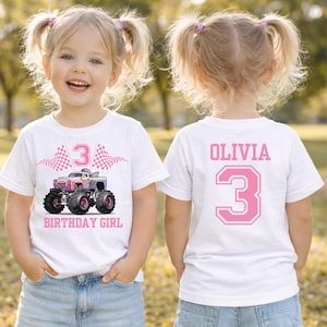Flat lay mockup of a white kids Bella Canvas 3001Y shirt showing front and back with birthday balloons, confetti, jeans and sneakers. Perfect display for a Custom Monster Truck Shirt for Toddler Birthday Personalized Monster Truck Name Shirt For Birthday Name and Age Bday Tee for Toddler ideal for monster truck themed birthday parties.