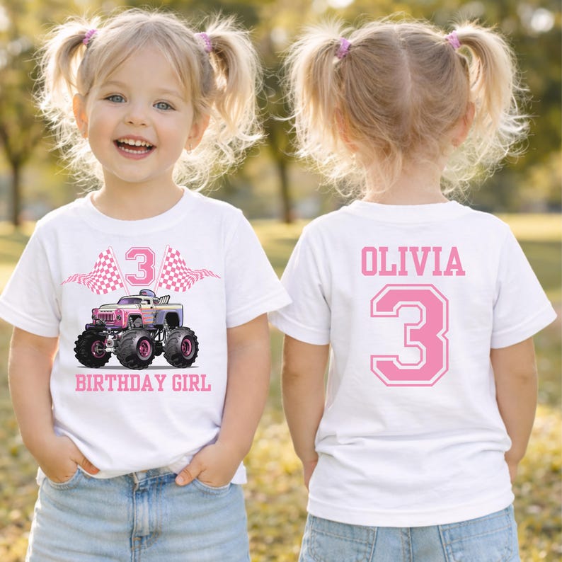 Flat lay mockup of a white kids Bella Canvas 3001Y shirt showing front and back with birthday balloons, confetti, jeans and sneakers. Perfect display for a Custom Monster Truck Shirt for Toddler Birthday Personalized Monster Truck Name Shirt For Birthday Name and Age Bday Tee for Toddler ideal for monster truck themed birthday parties.