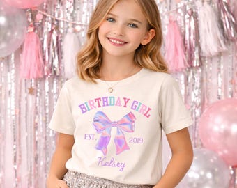 Custom Girls Birthday Name and Year Shirt Bday Bow Tee Shirt for Girl Birthday Shirt for 7 Year Old Personalized Birthday Party Tee for Girl