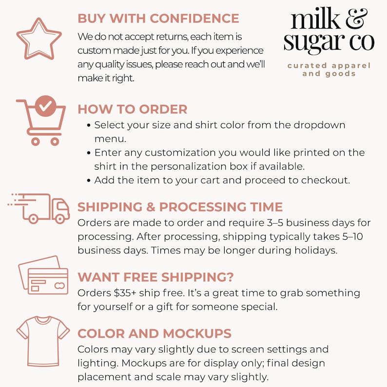 May include: A graphic with text from the brand "milk & sugar co" on a cream background. The text includes "BUY WITH CONFIDENCE", "HOW TO ORDER", "SHIPPING & PROCESSING TIME", "WANT FREE SHIPPING?", and "COLOR AND MOCKUPS".