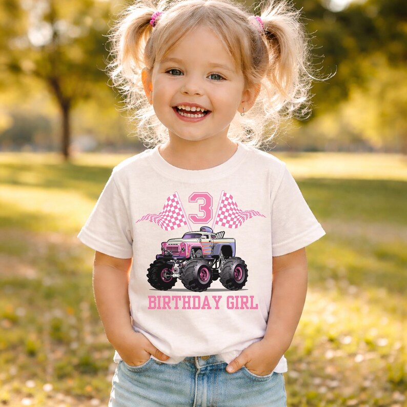 Kids Bella Canvas shirt mockup styled with denim, Converse sneakers, confetti and balloons in a clean Etsy product photo layout. Great for displaying a Custom Monster Truck Shirt for Toddler Birthday Personalized Monster Truck Name Shirt For Birthday Name and Age Bday Tee for Toddler for truck loving toddlers.