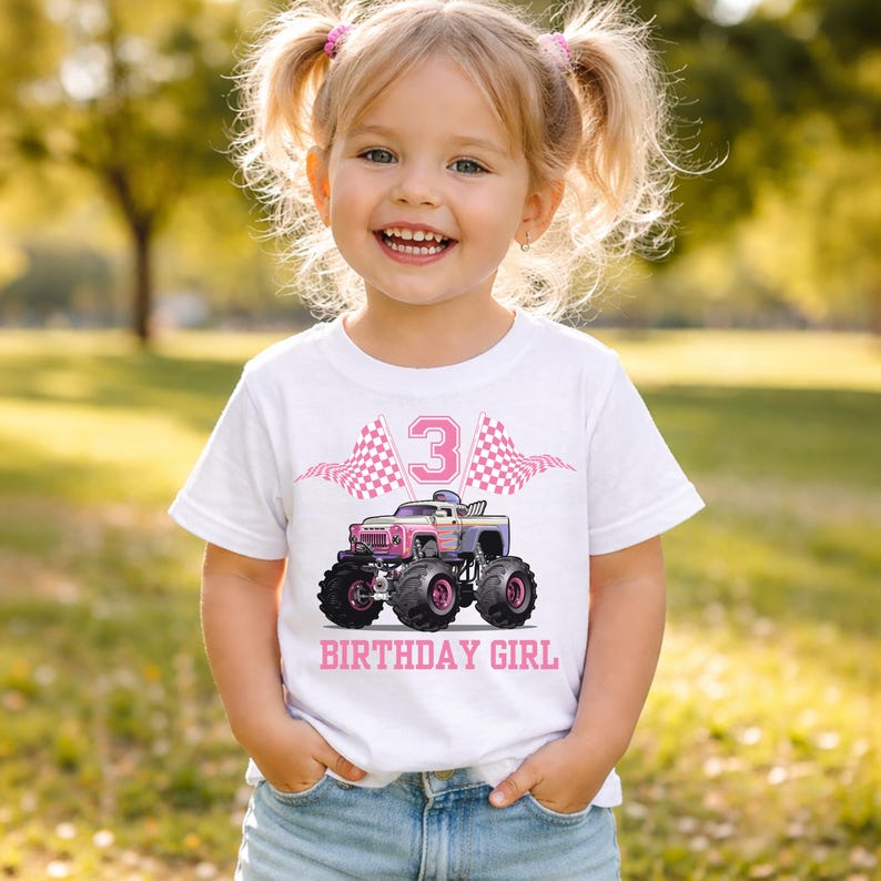 Birthday themed flat lay with kids white tee mockup, pastel balloons, confetti and casual toddler outfit styling. Ideal for showcasing a Custom Monster Truck Shirt for Toddler Birthday Personalized Monster Truck Name Shirt For Birthday Name and Age Bday Tee for Toddler for a first, second, or third birthday party.