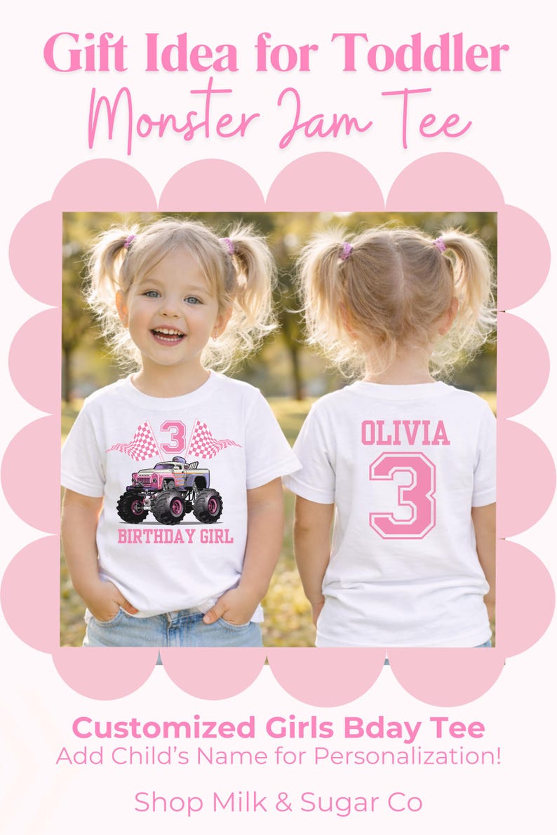 Custom Monster Truck Birthday Shirt Girl Toddler Girl Monster Truck Shirt Monster Truck Theme Birthday Shirt Monster Jam Bday Party Tee image 8