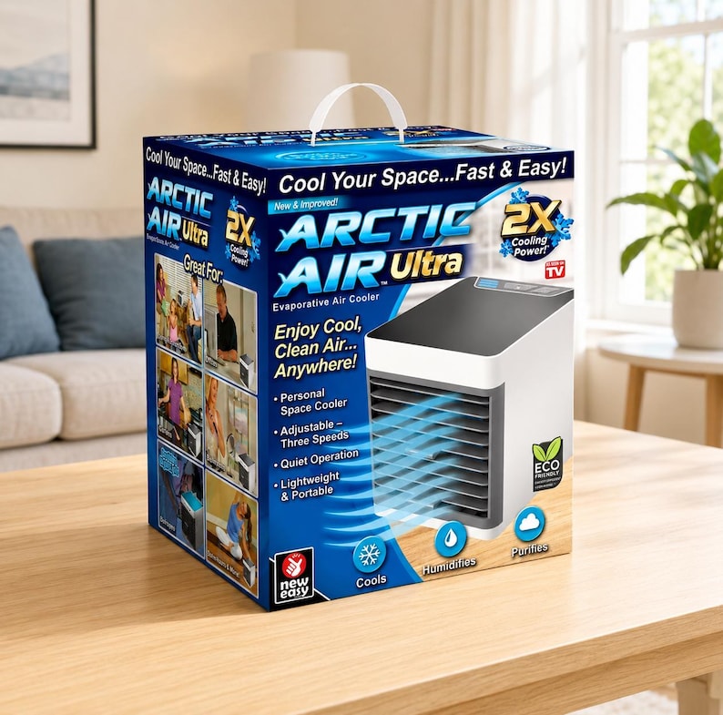 Pu&ograve; includere: Una scatola quadrata per un raffreddatore d'aria evaporativo Arctic Air Ultra. La confezione blu e bianca mostra il nome del prodotto, il testo che indica una potenza di raffreddamento 2X e immagini del dispositivo con maniglia in plastica.