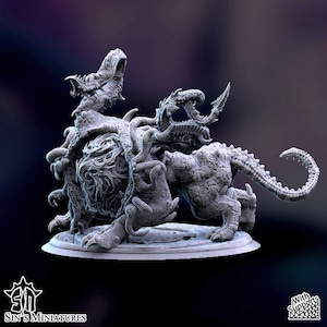 May include: A grey, unpainted 3D printed resin miniature of a multi-headed, tentacled creature with a central swirling mass, standing on a circular base. The figure features multiple reptilian heads, clawed limbs, and a long, spiked tail.