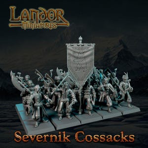 May include: A collection of grey miniature Severnik Cossacks figures. The figures are on a rectangular base. A banner with a bear emblem is held aloft. The Landor Miniatures logo is at the top.