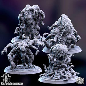 May include: Four grey, unpainted resin tabletop gaming miniatures featuring grotesque, multi-eyed, tentacled creatures with sharp teeth and textured, organic forms, each mounted on a circular base. The Sin's Miniatures logo is visible.