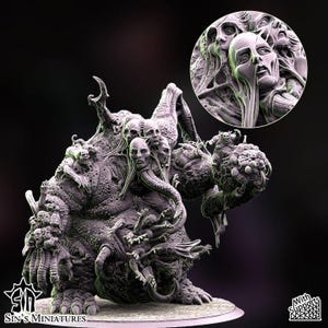May include: A detailed, grey miniature sculpture of a grotesque creature with multiple faces and a bulbous body. The sculpture has a textured surface and is mounted on a round base. A smaller, circular inset shows additional faces. The logo "Sin's Miniatures" is visible.