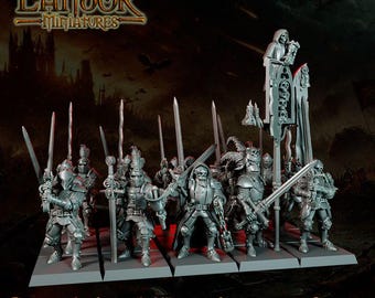 May include: A set of grey plastic miniature figures titled Landor Miniatures Sepulchral Knights on foot. The group includes armored warriors holding swords, some with helmets and hoods, and one figure carrying a tall banner featuring skull motifs.