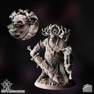 May include: A detailed, grey miniature figure of a monstrous creature with horns, holding a large sword and a chain with skulls. The figure has intricate armour and a grotesque face. A smaller, circular image of the creature's face is in the upper left. The text "Sin's Miniatures" is at the bottom.