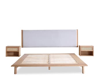 Kahala Oak Bed Frame with Rattan Nightstands – Modern Platform Bed