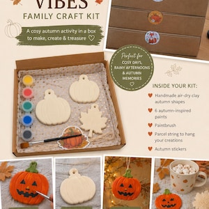 May include: An autumn-themed family craft kit in a brown box containing white air-dry clay shapes, six paint pots, a paintbrush, string, and stickers. The kit includes instructions to paint, thread, and hang pumpkin and leaf ornaments.