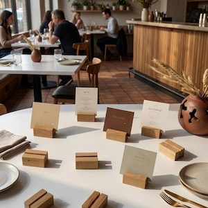 Op de afbeelding: Een verzameling kleine rechthoekige houten kaarthouders gerangschikt op een witte tafel. Verschillende houders bevatten gedrukte kalenderkaarten voor maanden zoals mei, september en augustus, terwijl andere leeg blijven. Een menukaart is ook zichtbaar.