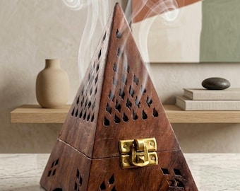 Hand-Carved Wooden Pyramid Incense Burner, Boho Meditation Decor, Brass Latch Holder