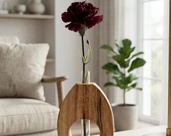 Handcrafted Oval Wood Bud Vase, Modern Japandi Table Decor, Single Flower Holder