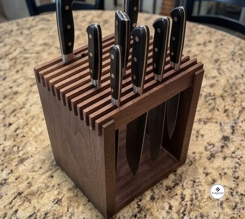 May include: A dark brown wooden knife block with a slatted top design holding seven kitchen knives. Each knife features a black handle with three silver rivets. The block has an open frame structure, and a small logo reading Furniast is visible.