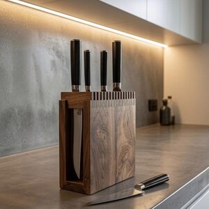 May include: A rectangular dark wood knife block with a visible grain pattern, featuring vertical slots holding four knives with black handles. One additional knife with a matching black handle lies horizontally on the surface in front of the block.