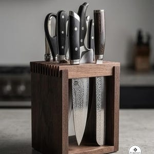 Handcrafted Acacia Open-Frame Knife Block Holder, Modern Kitchen Countertop Organizer
