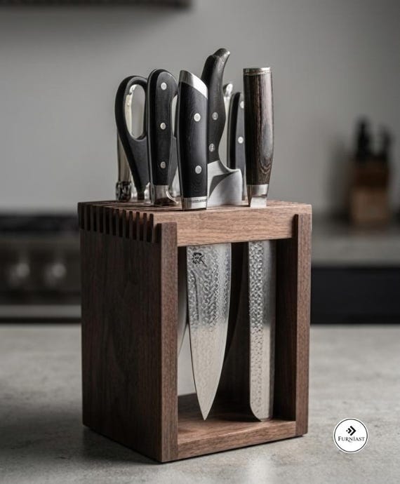 Handcrafted Acacia Open-Frame Knife Block Holder, Modern Kitchen Countertop Organizer