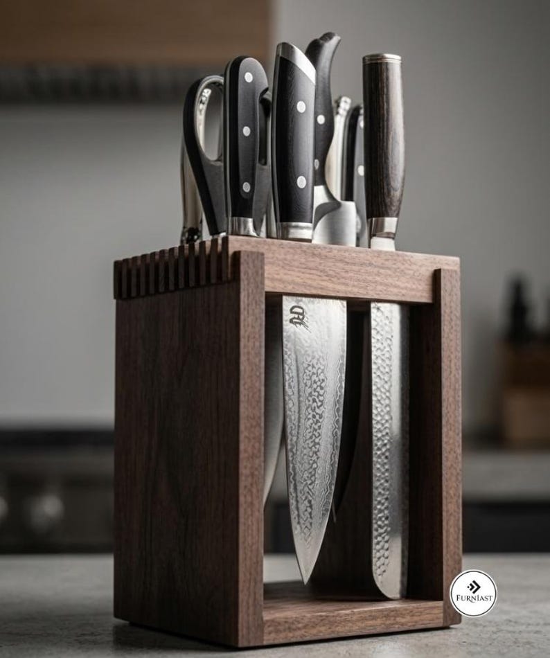 May include: A dark brown wooden knife block holding a collection of kitchen knives and kitchen shears. The block features a rectangular frame with vertical slats on top. Several knives with black handles and silver blades are visible in the block.