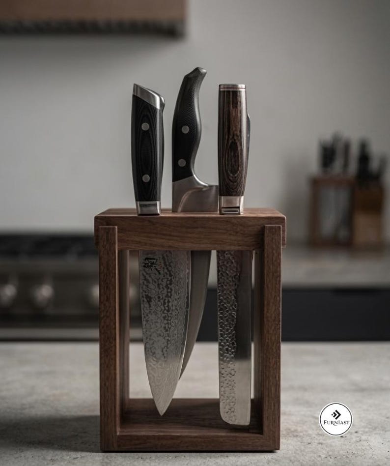 May include: A rectangular wooden knife block holding three kitchen knives with dark handles. The two outer knives feature hammered metal blades, while the center knife has a smooth blade. A small circular logo with the text FURNIAST is visible.