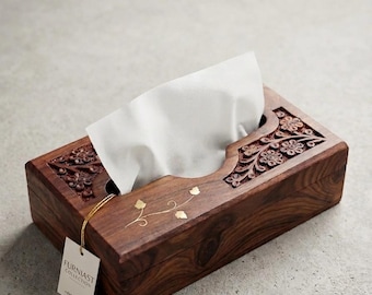 Hand-Carved Wooden Tissue Box Cover, Floral Brass Inlay, Rectangular Wood Holder