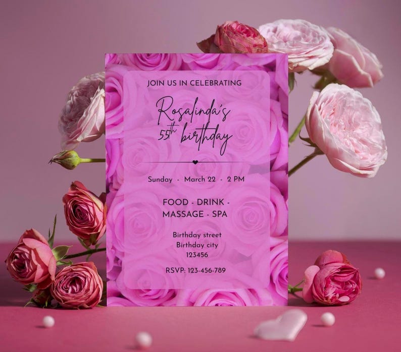 Pink Roses Invite Pink Roses Birthday Invitation Template, Floral Milestone Invite ...