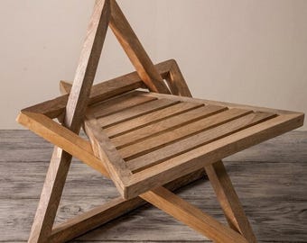 Sculptural Wooden Folding Chair, Geometric Slatted Lounge Accent Furniture