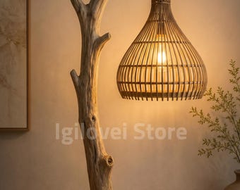 Lámpara de pie de ratán con diseño de madera flotante, lámpara de pie rústica con forma de rama, lámpara con pantalla de mimbre, decoración bohemia japonesa para sala de estar, lámpara de madera natural
