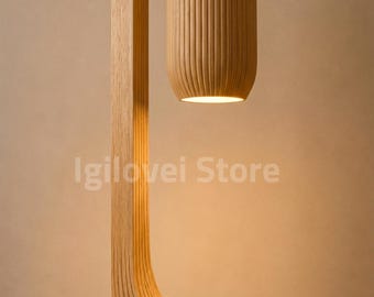 Lámpara de pie de madera curvada, lámpara de pie de madera acanalada, lámpara de pie colgante Japandi, lámpara de lectura escultural moderna, decoración orgánica para el hogar