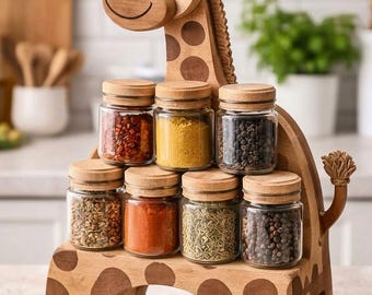 Wooden Giraffe Spice Rack, Rustic Animal Kitchen Counter Organizer