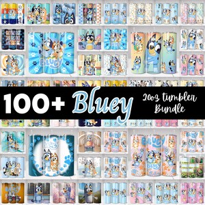 Puede incluir: Una colección de vasos con temática de Bluey, con varios diseños con los personajes de dibujos animados y huellas de patas. Los vasos son de diferentes colores, incluyendo azul, amarillo y rosa. Se muestra el texto "100+ Bluey 20oz tumbler bundle".