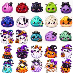 Op de afbeelding: Een verzameling van vijfentwintig individuele illustraties met schattige, gestileerde Halloween-personages, waaronder geesten, pompoenen, katten en monsters. Elk personage heeft grote expressieve ogen, levendige kleuren en feestelijke accessoires zoals heksenhoeden, strikken en snoepemmers.