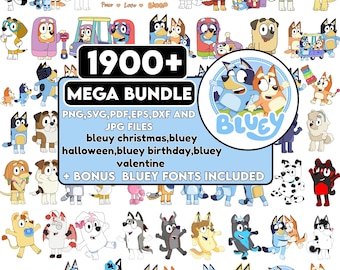 1900+ Bluey PNG.SVG Bundle + BONUS Font! Bluey Dog Bingo Clipart Bundle Set Original Designs for Birthday Day Crafts Coloring Printing