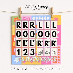以下が含まれることがあります： 「RRR LLL」と「000000」の文字が黒いボックスに入った、カラフルなCanvaテンプレートデザイン。「L*L*L* R*R*R*」と「123」の文字が黒いボックスに入っています。「IT'S FIVE O'CRACK」の文字はピンクと黄色です。「CANVA TEMPLATE!」の文字が下部にあります。