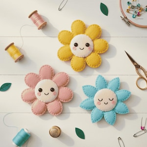 May include: Three felt flower ornaments in yellow, pink, and blue, each with a smiling face. The flowers are surrounded by sewing supplies, including spools of thread, scissors, and a thimble. The background is a white wooden surface.