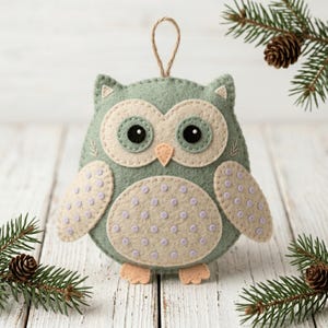 May include: A handmade felt owl decoration in shades of green, cream, and peach. The owl features large, round eyes, a small beak, and a dotted pattern on its wings and belly. A twine loop is attached for hanging. Pine branches surround the ornament.