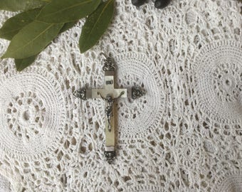 Cross, french antique, mother of pearl sterling silver crucifix 19th century