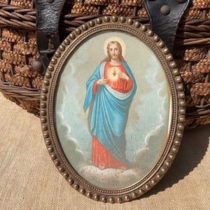 Cornice religiosa francese d'epoca, Gesù, cornice in ottone con vetro, cromolitografia