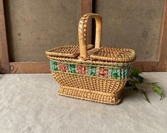 French Vintage very small wicker basket, Handmade, with pink roses stencil