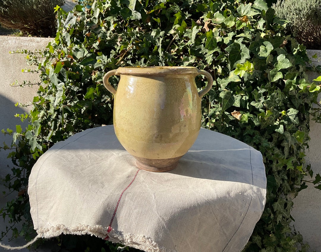 French Vintage Large Terracotta Pot, Yellow Varnished, Handmade, 19th