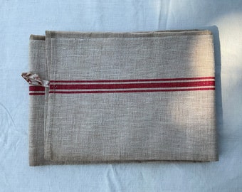 French Vintage Dish Towel, pure Linen, Red stripes, initials AF, Handmade