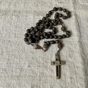 French vintage chaplet and Cross, with some handmade curved beads, brown beads in wood, Crucifix