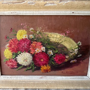 French vintage Painting with flowers, bouquet on terracotta plate, Oil on hardboard, 1950 hand Painting