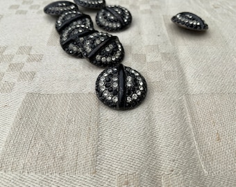 Français vintage 10 boutons, émail noir, ornement pour veste et robe, avec strass, faux diamants, noir et blanc, fait main, rayures