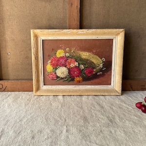 Pintura vintage francesa com flores, buquê em prato de terracota, óleo sobre cartão duro, pintura à mão de 1950