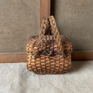 French Vintage small wicker Basket for doll, 19th, brown, antique toy, handmade