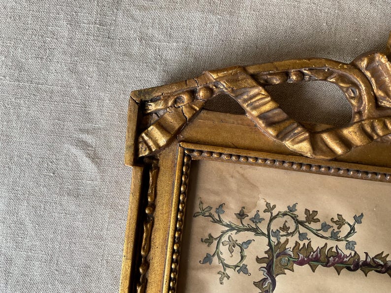 May include: A vintage gold-colored picture frame with ornate detailing. The frame has a ribbon-like design at the top and a beaded border. The artwork inside features a botanical illustration with green, blue, and maroon accents.